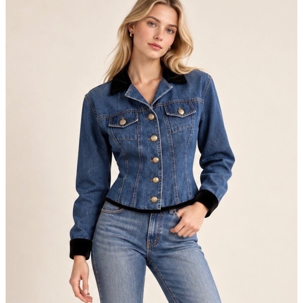 Vintage Rare Western Cowgirl Denim Jacket Velvet Trim Blue Old Money Preppy